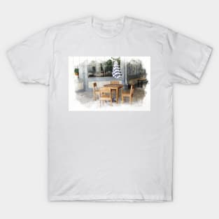 Child Seating Area at Coffeehouse in Solvang Digital Watercolor T-Shirt